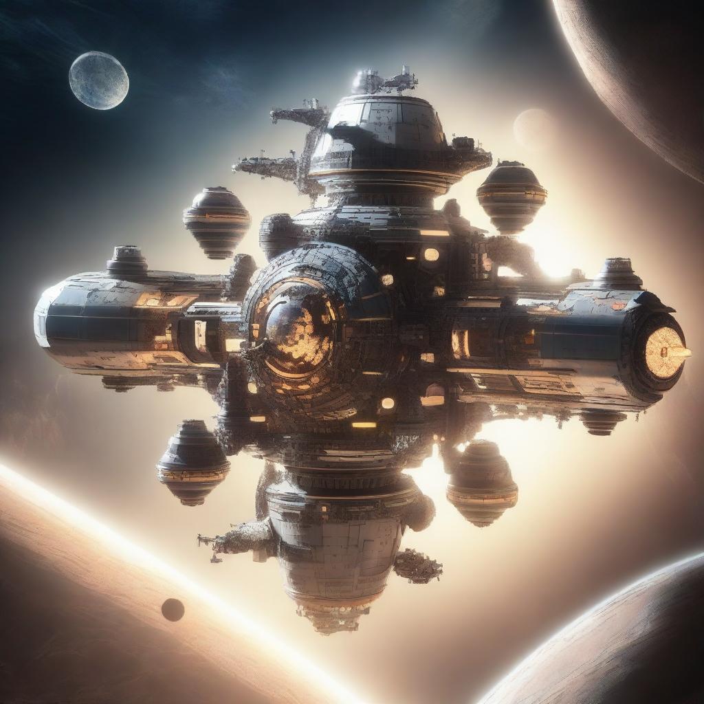 A detailed image of a space station designed like a castle, floating in the vastness of space with a massive sun shining brightly in the background