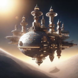 A detailed image of a space station designed like a castle, floating in the vastness of space with a massive sun shining brightly in the background