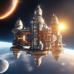 A detailed image of a space station designed like a castle, floating in the vastness of space with a massive sun shining brightly in the background