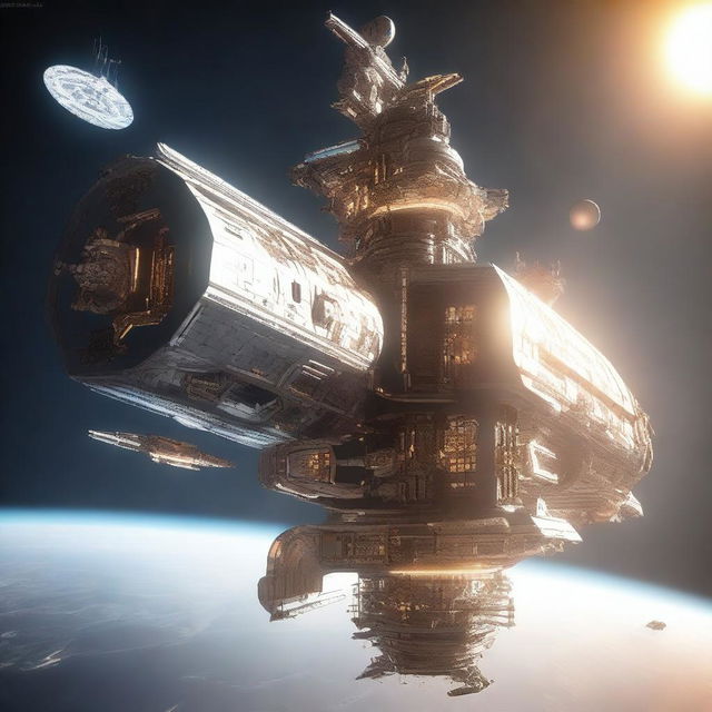 A detailed image of a space station designed like an elongated castle, floating in the vastness of space with a massive sun shining brightly in the background