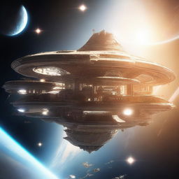 A detailed image of a space station designed like an elongated castle, floating in the vastness of space with a massive sun shining brightly in the background