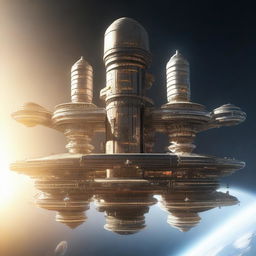 A detailed image of a space station designed like an elongated castle, floating in the vastness of space with a massive sun shining brightly in the background