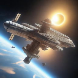 A detailed image of a space station designed like an elongated castle, floating in the vastness of space with a massive sun shining brightly in the background