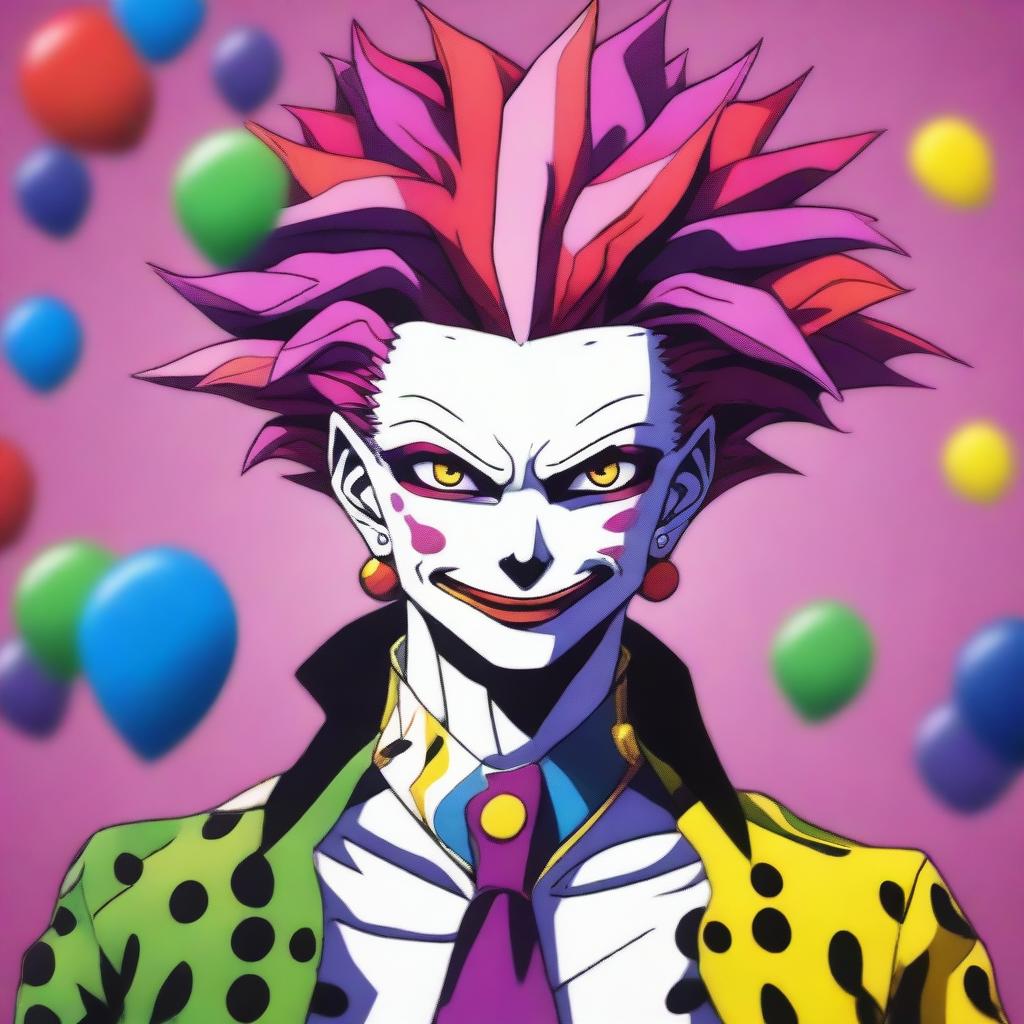 A detailed illustration of Hisoka Morow, the character from the anime Hunter x Hunter, showcasing his distinctive clown-like appearance with colorful hair, star and teardrop face paint, and flamboyant outfit