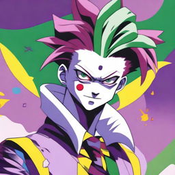 A detailed illustration of Hisoka Morow, the character from the anime Hunter x Hunter, showcasing his distinctive clown-like appearance with colorful hair, star and teardrop face paint, and flamboyant outfit