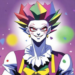 A detailed illustration of Hisoka Morow, the character from the anime Hunter x Hunter, showcasing his distinctive clown-like appearance with colorful hair, star and teardrop face paint, and flamboyant outfit