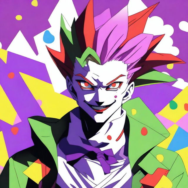 A detailed illustration of Hisoka Morow, the character from the anime Hunter x Hunter, showcasing his distinctive clown-like appearance with colorful hair, star and teardrop face paint, and flamboyant outfit