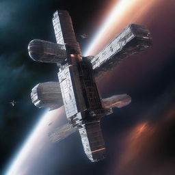 A detailed image of a space station designed like a skyscraper, floating in the vastness of space with galaxies and nebulae in the background