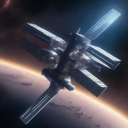 A detailed image of a space station designed like a skyscraper, floating in the vastness of space with galaxies and nebulae in the background