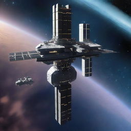 A detailed image of a space station designed like a skyscraper, floating in the vastness of space with galaxies and nebulae in the background