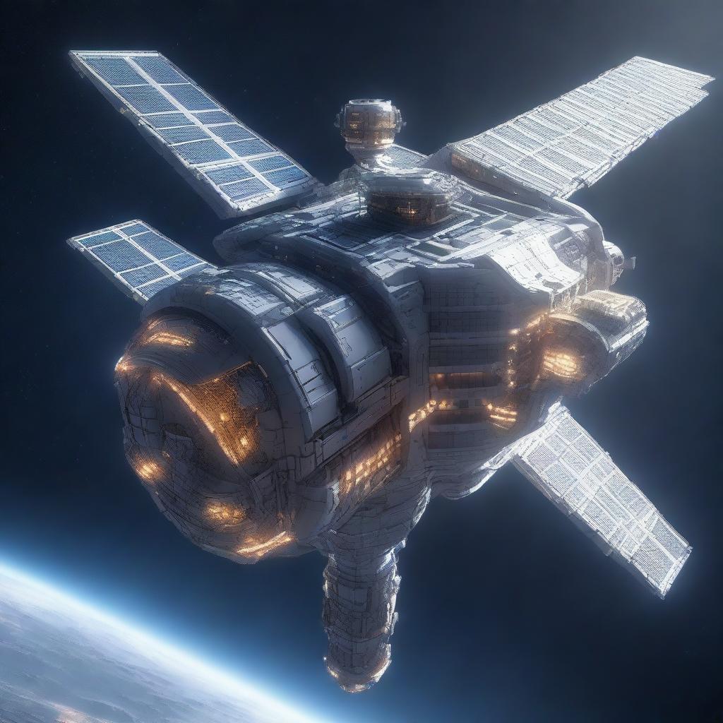 A detailed image of a space station designed like a skyscraper, floating in the vastness of space with constellations in the background