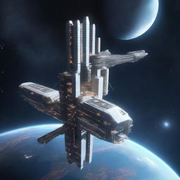 A detailed image of a space station designed like a skyscraper, floating in the vastness of space with constellations in the background