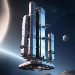 A detailed image of a space station designed like a skyscraper, floating in the vastness of space with constellations in the background