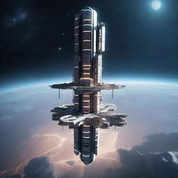 A detailed image of a space station designed like a skyscraper, floating in the vastness of space with constellations in the background