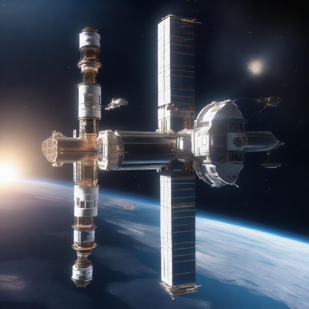 A detailed image of a space station designed like a tower, floating in the vastness of space