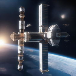 A detailed image of a space station designed like a tower, floating in the vastness of space