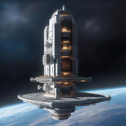 A detailed image of a space station designed like a tower, floating in the vastness of space