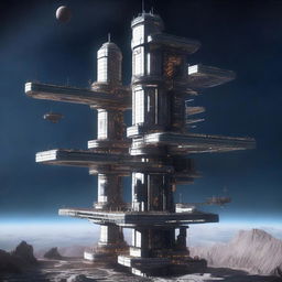 A detailed image of a space station designed like a tower, floating in the vastness of space