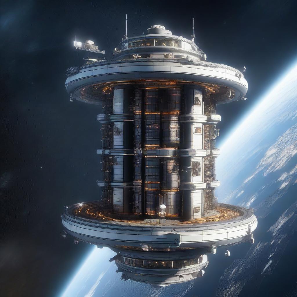 A detailed image of a space station designed like a tower, floating in the vastness of space