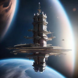 A detailed image of a space station designed like a tower, floating in the vastness of space with a beautiful, distant cosmos in the background