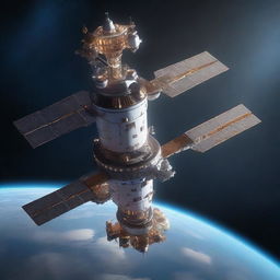 A detailed image of a space station designed like a tower, floating in the vastness of space with a beautiful, distant cosmos in the background