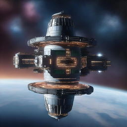 A detailed image of a space station designed like a tower, floating in the vastness of space with a beautiful, distant cosmos in the background