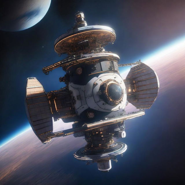 A detailed image of a space station designed like a tower, floating in the vastness of space with a beautiful, distant cosmos in the background