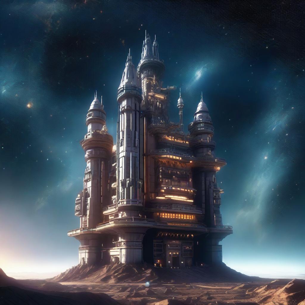 A detailed image of a space station designed like a towering castle, floating in the vastness of beautiful, distant space