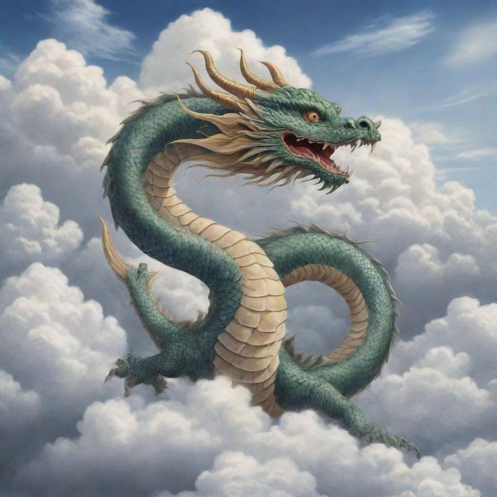 Traditional Japanese illustration of a majestic Japanese dragon soaring in the sky amidst a backdrop of delicate clouds