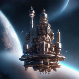 A detailed image of a space station designed like a towering castle, floating in the vastness of beautiful, distant space