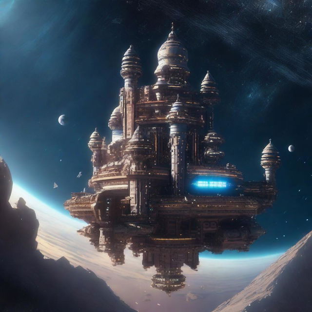 A detailed image of a space station designed like a towering castle, floating in the vastness of beautiful, distant space