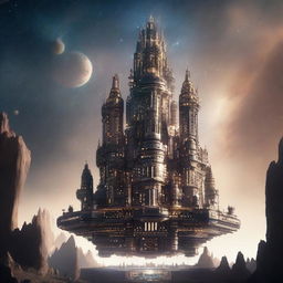 A detailed image of a space station designed like a towering castle, floating in the vastness of beautiful, distant space