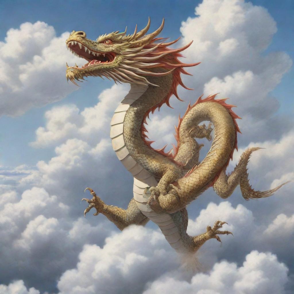 Traditional Japanese illustration of a majestic Japanese dragon soaring in the sky amidst a backdrop of delicate clouds