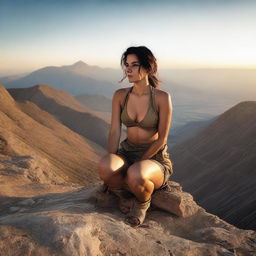 A Kurdish soldier sitting on a mountain with her bikini exposed