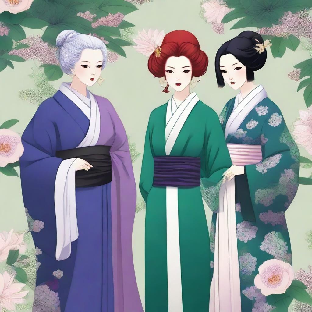 A detailed image of three women standing together