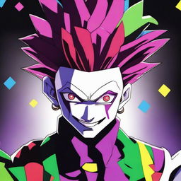 A detailed illustration of Hisoka from Hunter x Hunter