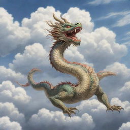 Traditional Japanese illustration of a majestic Japanese dragon soaring in the sky amidst a backdrop of delicate clouds