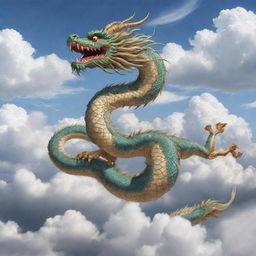 Traditional Japanese illustration of a majestic Japanese dragon soaring in the sky amidst a backdrop of delicate clouds