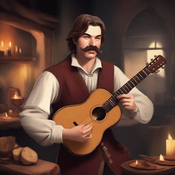 A young bard with a mustache, playing a lute