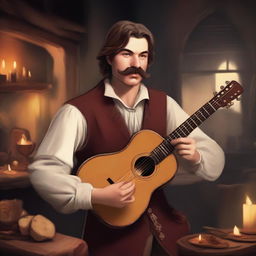 A young bard with a mustache, playing a lute