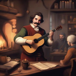 A young bard with a mustache, playing a lute