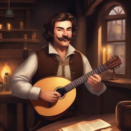 A young bard with a mustache, playing a lute