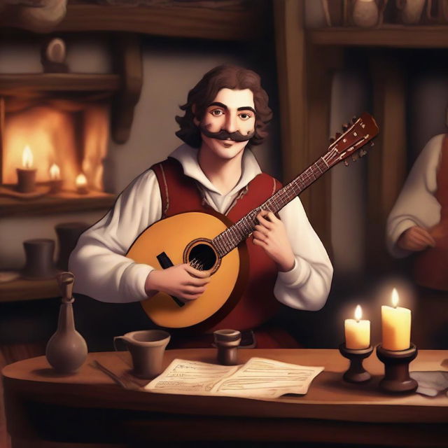 A young bard with a mustache, playing a lute