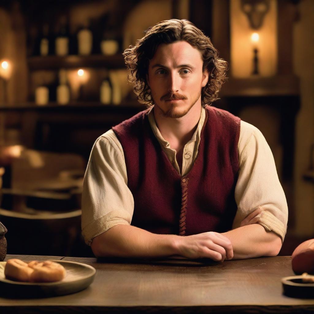 A young bard with a mustache that looks like Aaron Taylor-Johnson