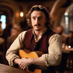 A young bard with a mustache that looks like Aaron Taylor-Johnson