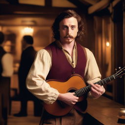 A young bard with a mustache that looks like Aaron Taylor-Johnson