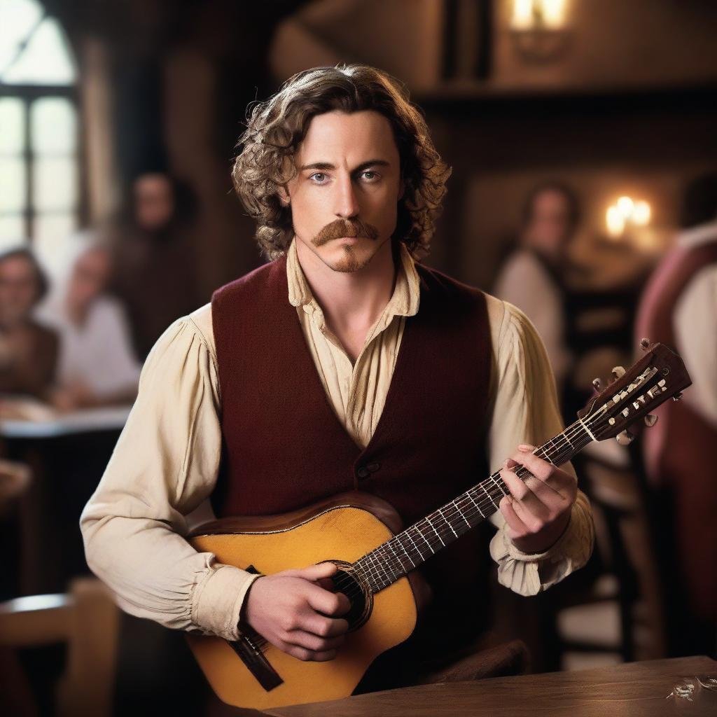 A young bard with a mustache that looks like Aaron Taylor-Johnson