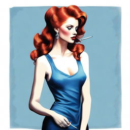 A detailed image of a woman with red hair wearing a blue dress with a thigh-high slit