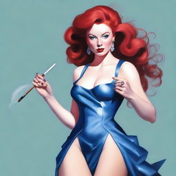 A detailed image of a woman with red hair wearing a blue dress with a thigh-high slit