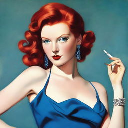 A detailed image of a woman with red hair wearing a blue dress with a thigh-high slit